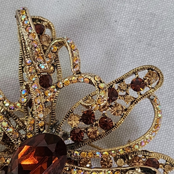 Vintage Gold AB Brown Crystal Flower Pin Brooch - Picture 5 of 9